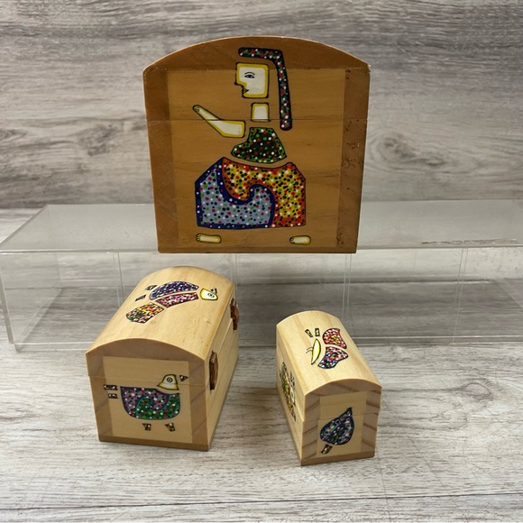 Vintage Folk Art 3 Nesting Wooden Boxes Painted El Salvador - Picture 7 of 11